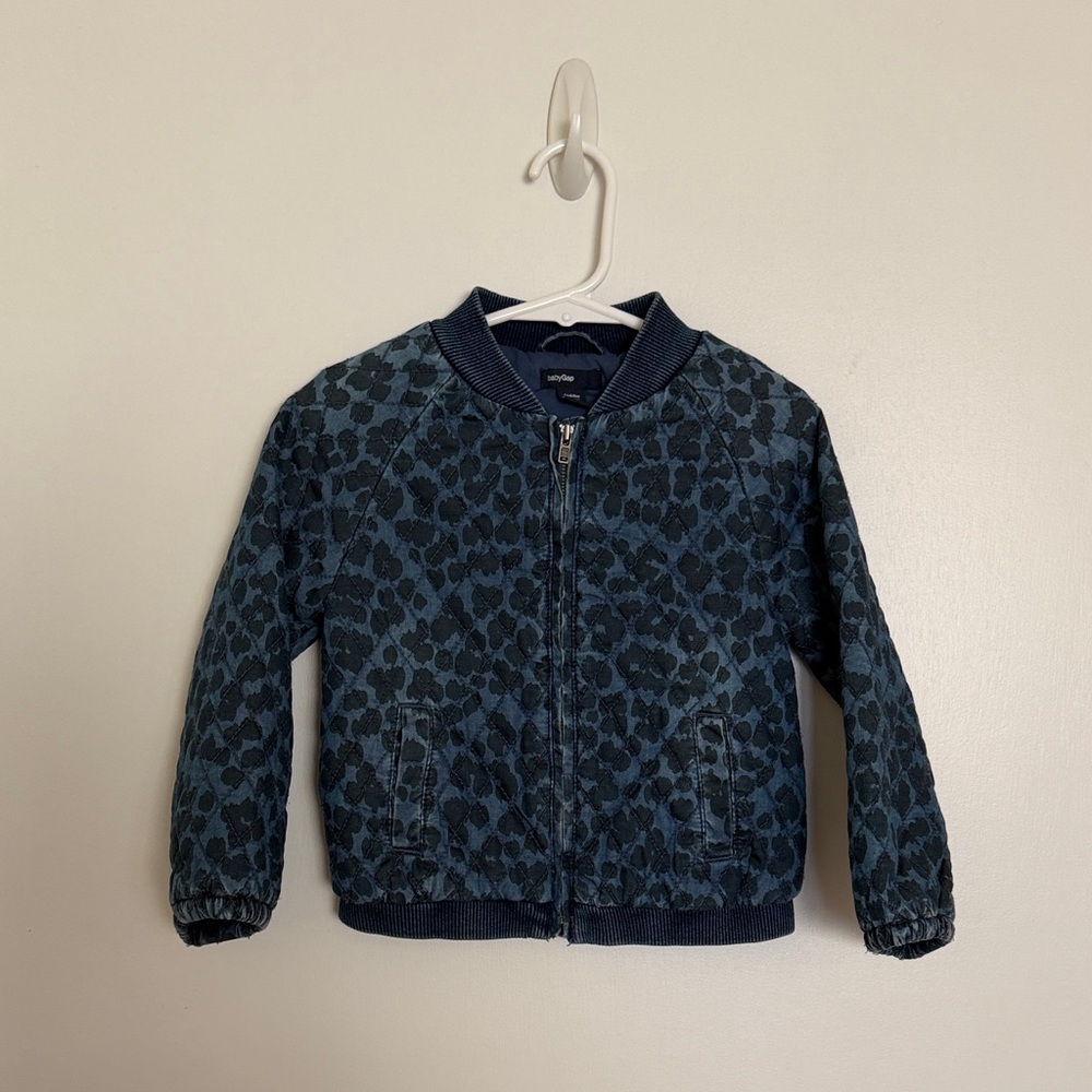 GAP Dark Blue Leopard-Print Denim Bomber Jacket